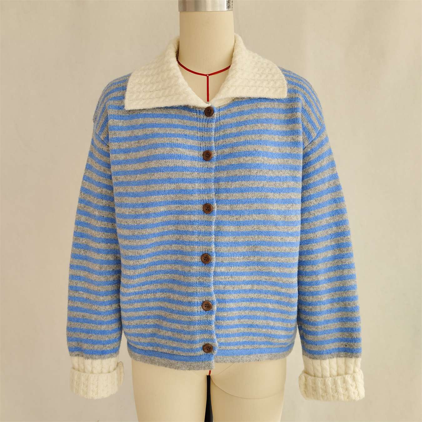 Striped Cardigan with Contrast Collar & Cuffs image 2
