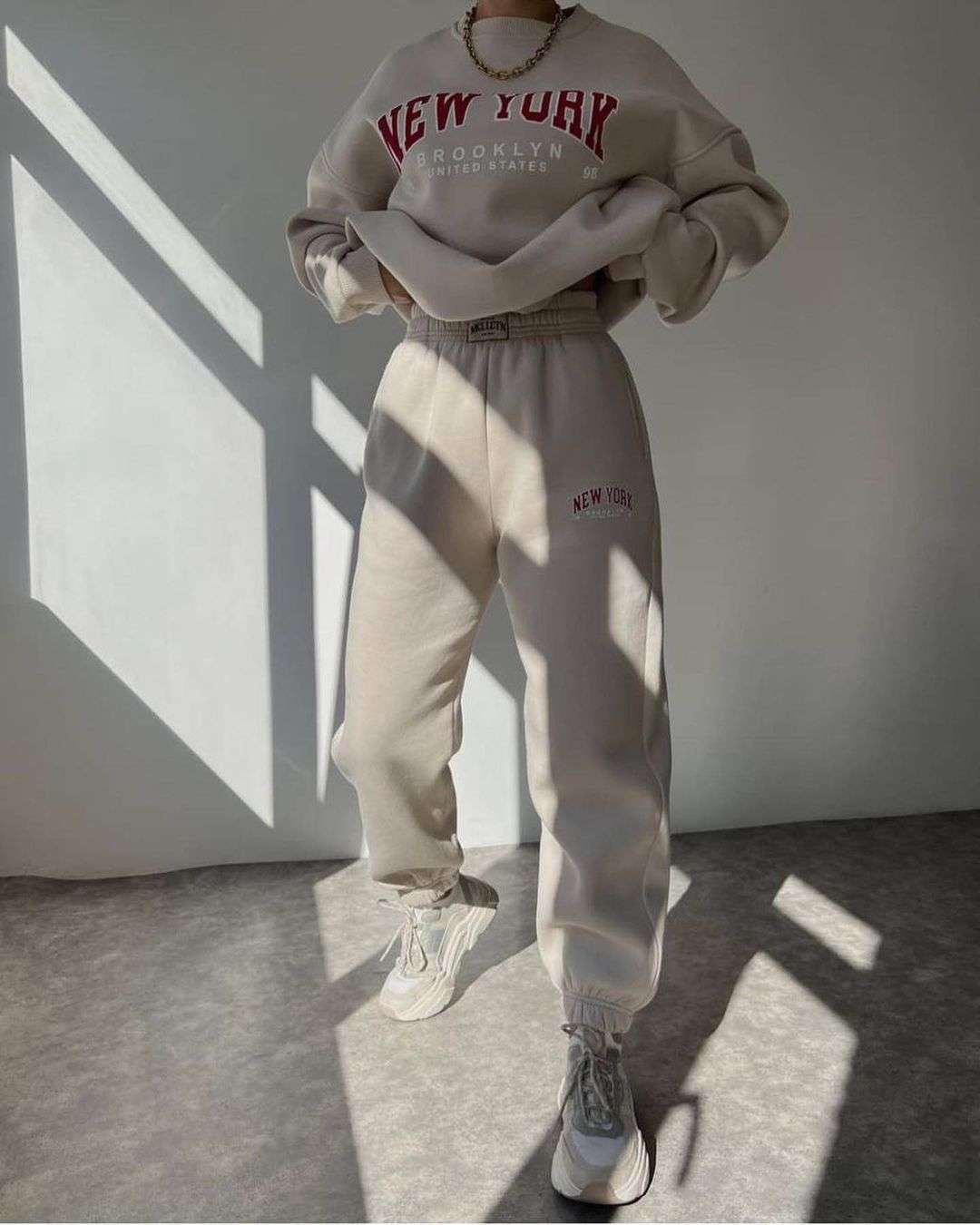 Relax Fit Short Sleeve Sweatshirt Set - M, Beige image