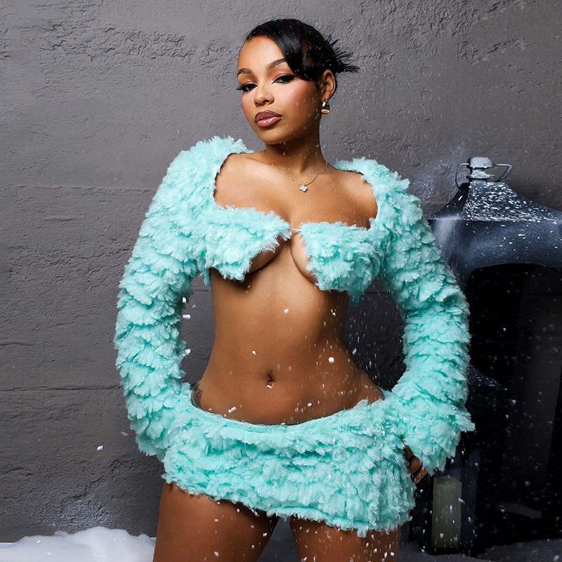 Faux Fur Cardigan &amp; Skirt Set - L, Mint Blue image