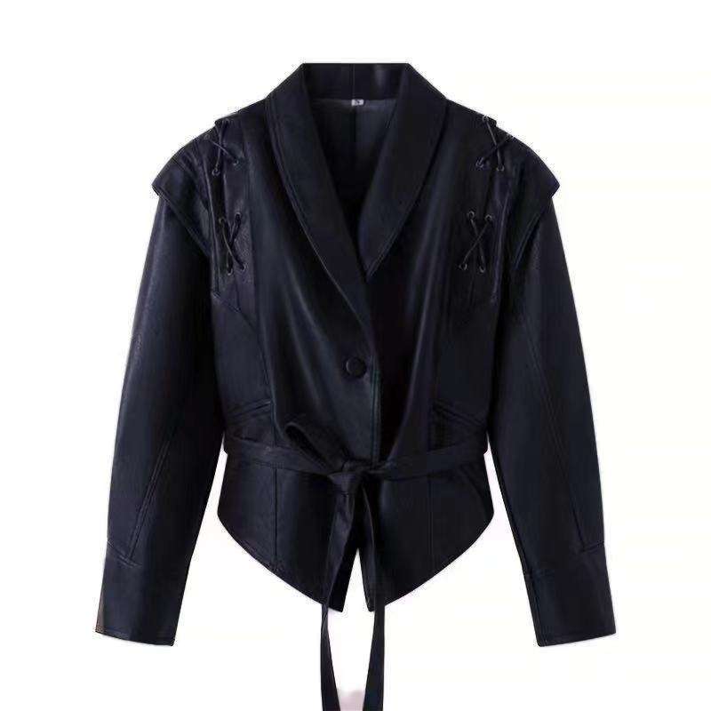 Classic PU Cropped Lapel Style Jacket - L, Black image