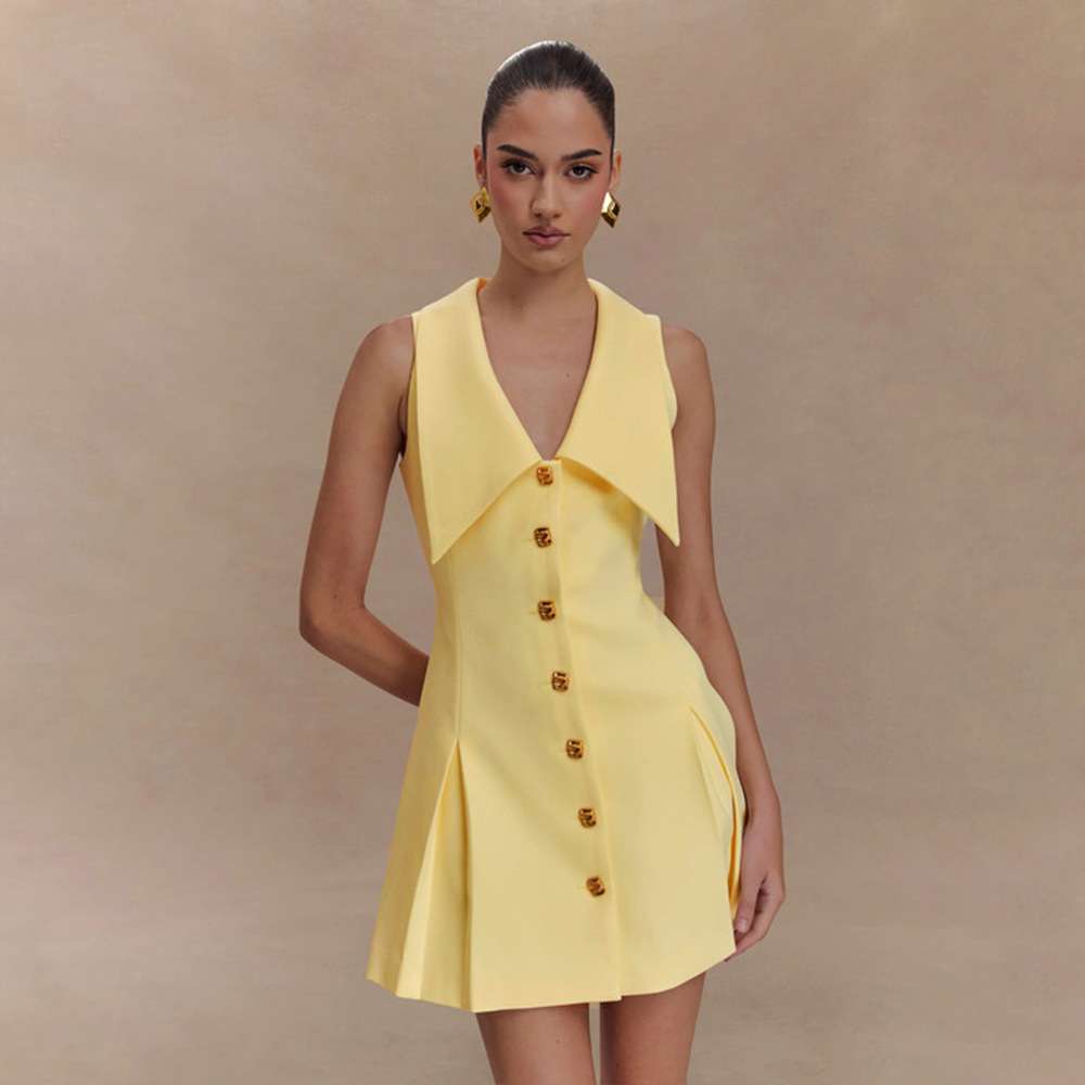 Sleeveless Dress with Button Details - S, Yellow image