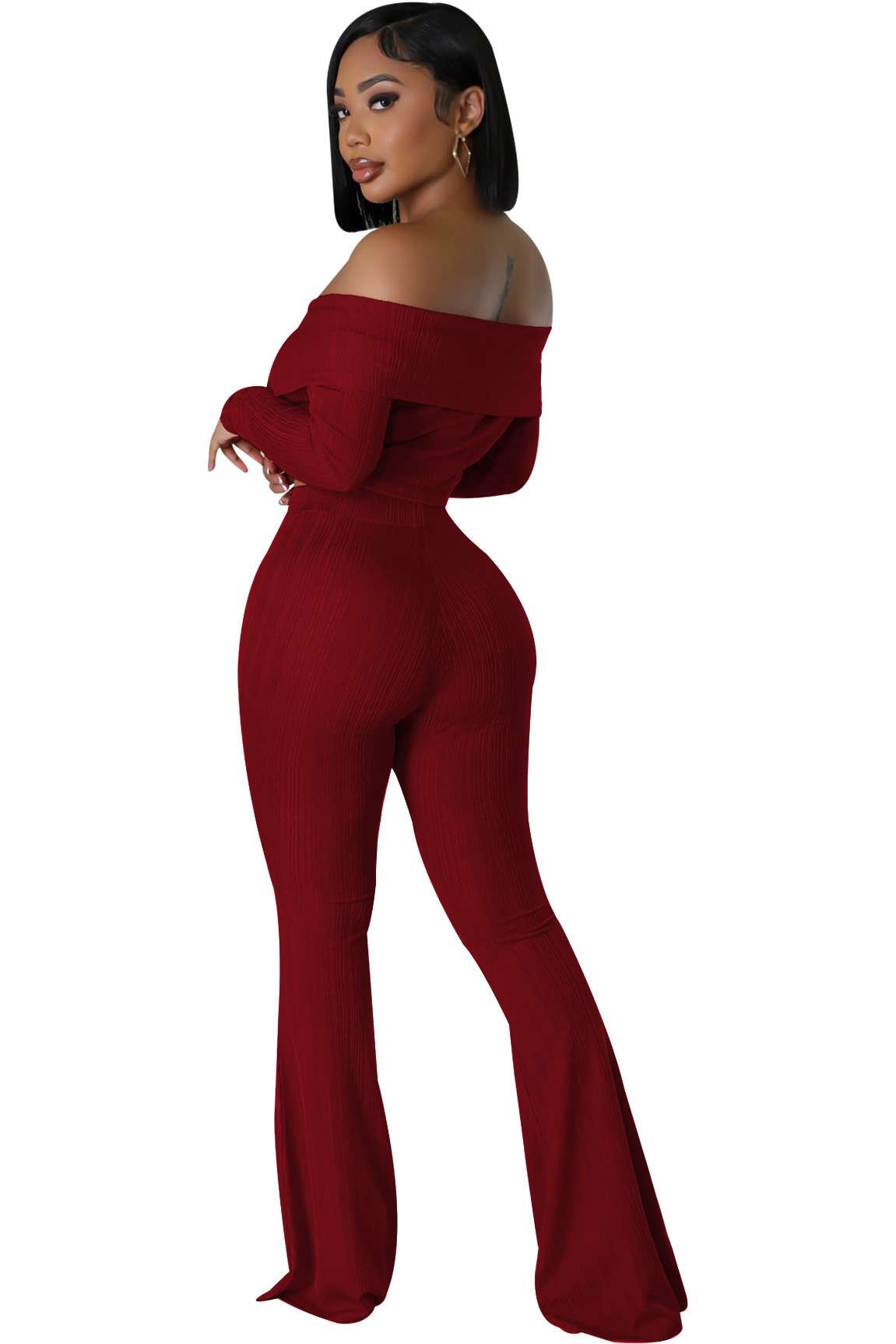 long sleeve ribbed shirt flared pants image 6