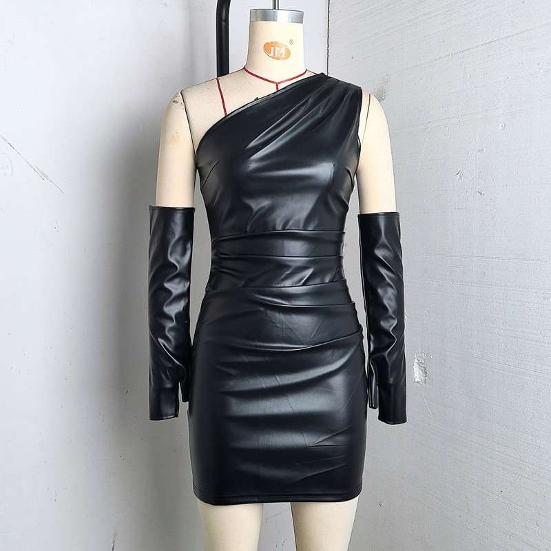 One-Shoulder Faux Leather Mini Dress with Gloves image 3