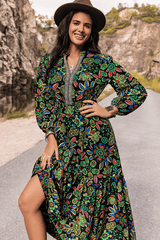 Women's Printed Lantern Sleeve Dress With Plunging V-Neckline image 2