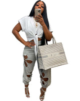 Hollow Out High Waisted Wide Leg Sweatpants - L, Grey image