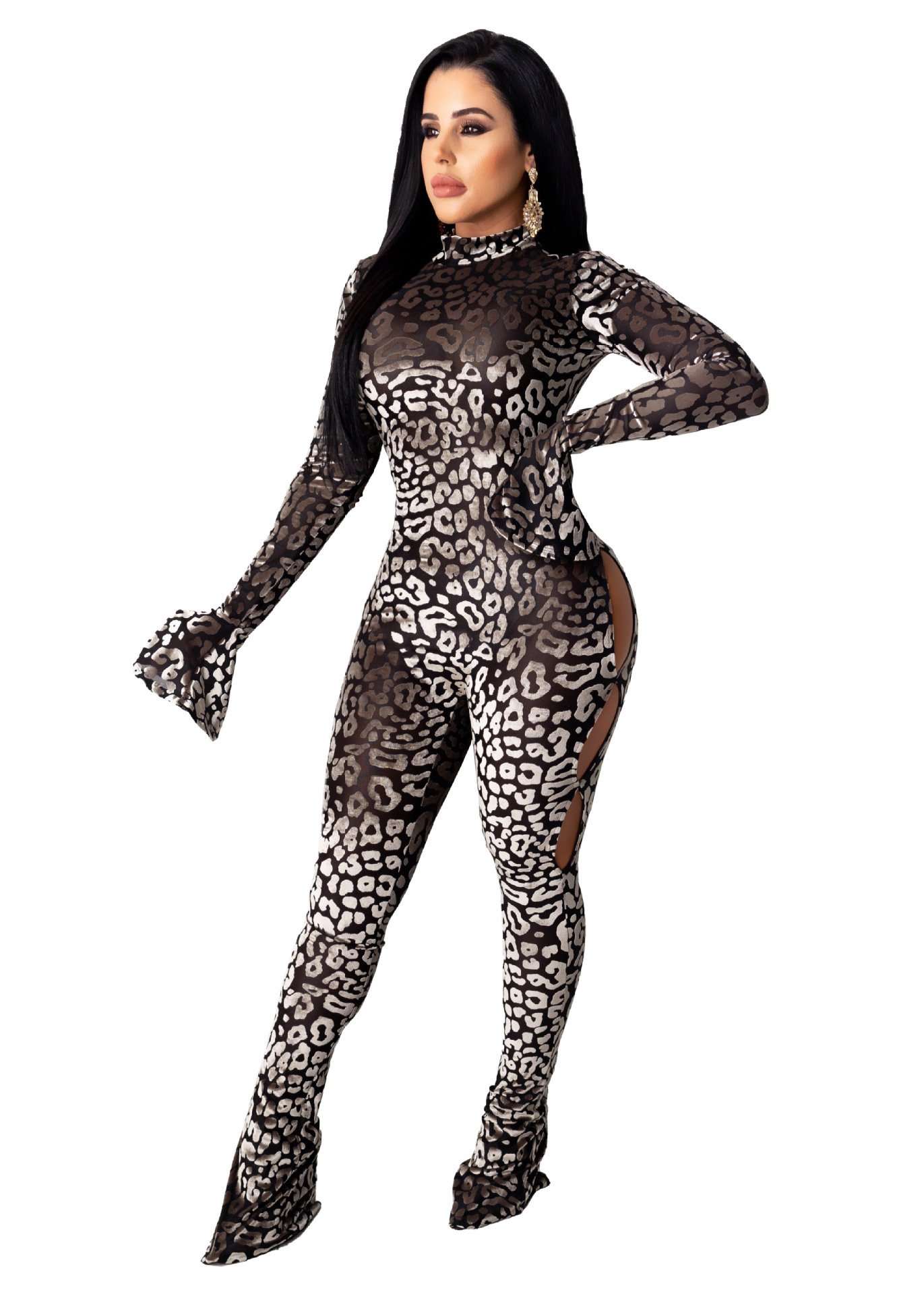 Fashion Printed Long-Sleeved Jumpsuit - S, Multi Black image