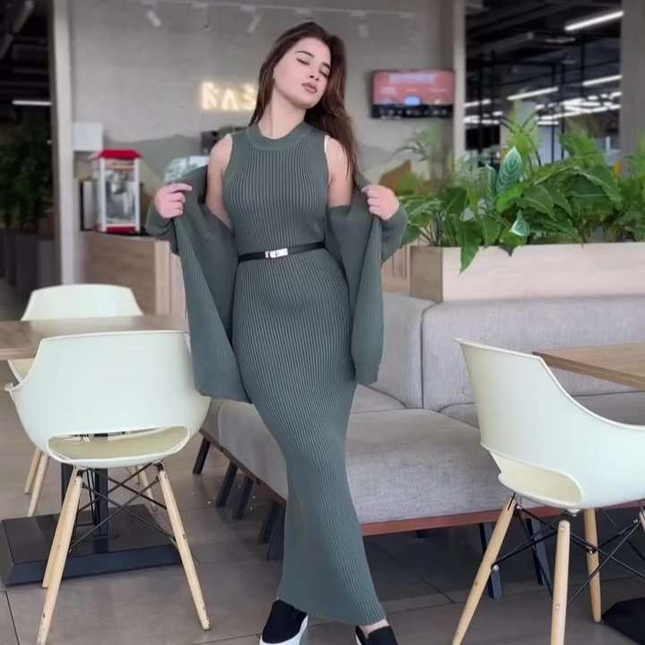 Bodycon Midi Dress With  Cardigan - M, Pagoda Green image