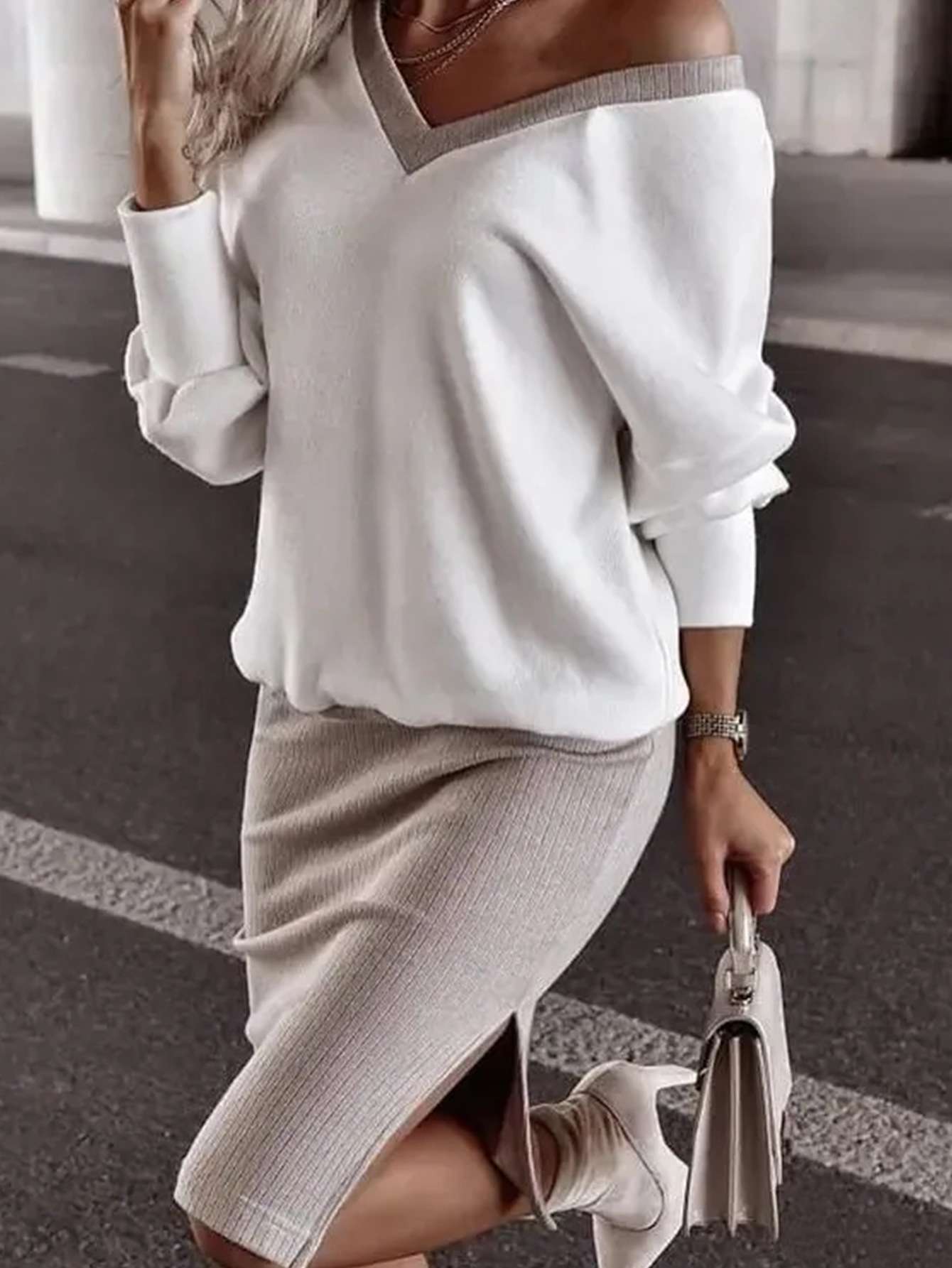 Fall Winter V Neck Top Skirt Set image 1