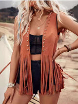 Fringe Casual Vest with Studs - M, Brown image