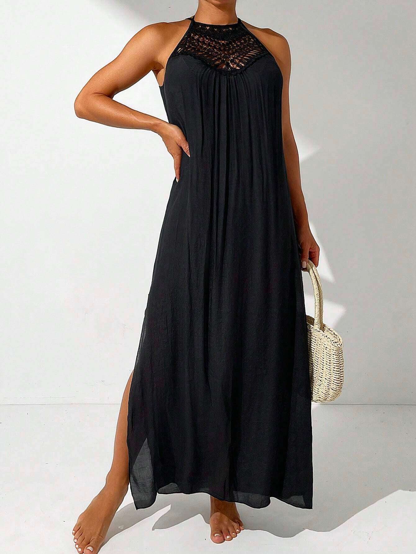 Halter Neck Crochet Detail Maxi Dress - S, Black image