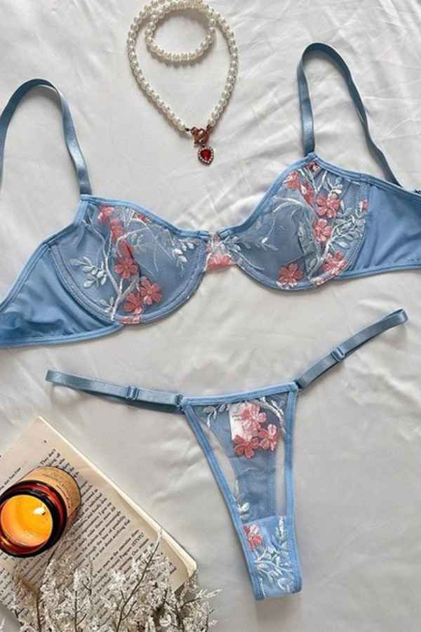 Sexy Lace Floral Embroidery Bra Underwear Two Piece Set image 2
