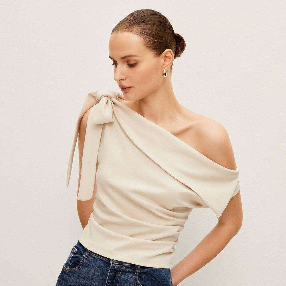 Asymmetrical Off-Shoulder Top - L, Beige image
