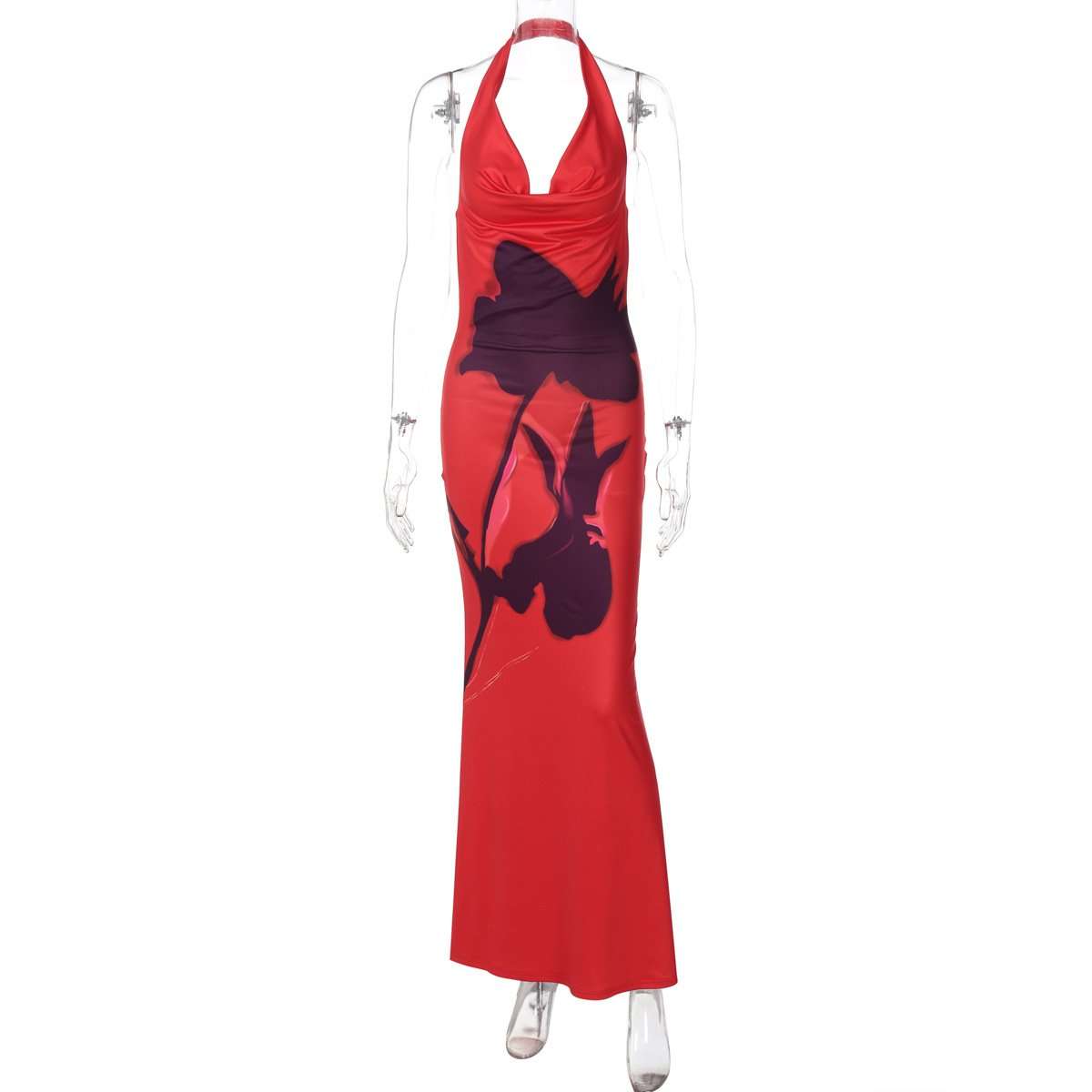 Elegant Red Floral Halter Maxi Dress image 4