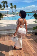 Sexy Mesh Patched Halter Neck Backless Knit Maxi Dress image 1