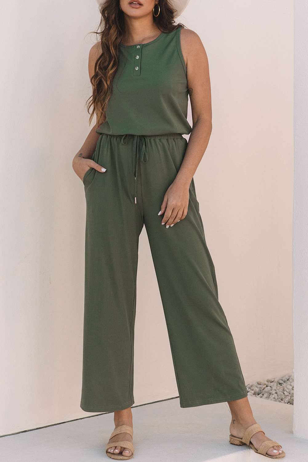 Casual Sleeveless Two Piece Set - S, Army Green image