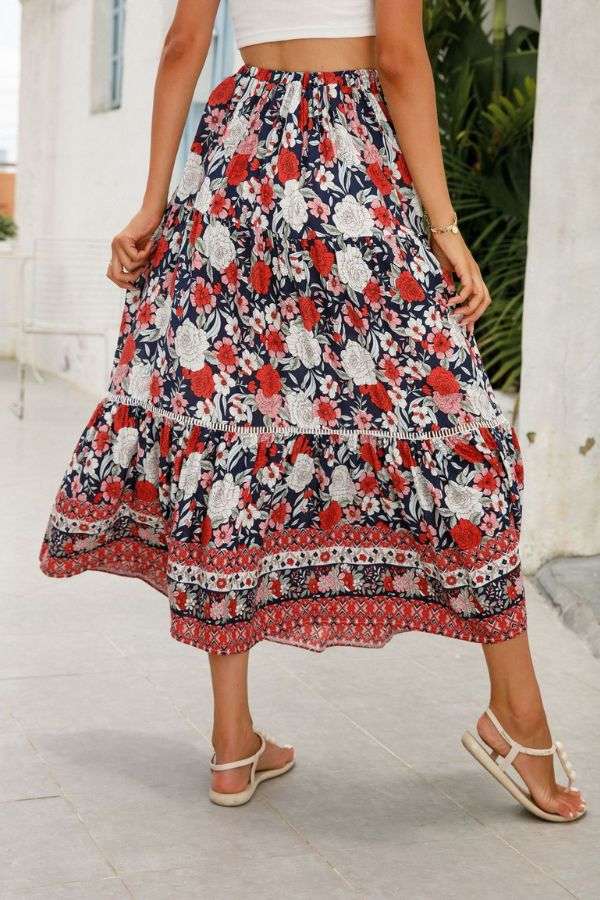 Floral High-Waisted Maxi Skirt - M, Multi Red image