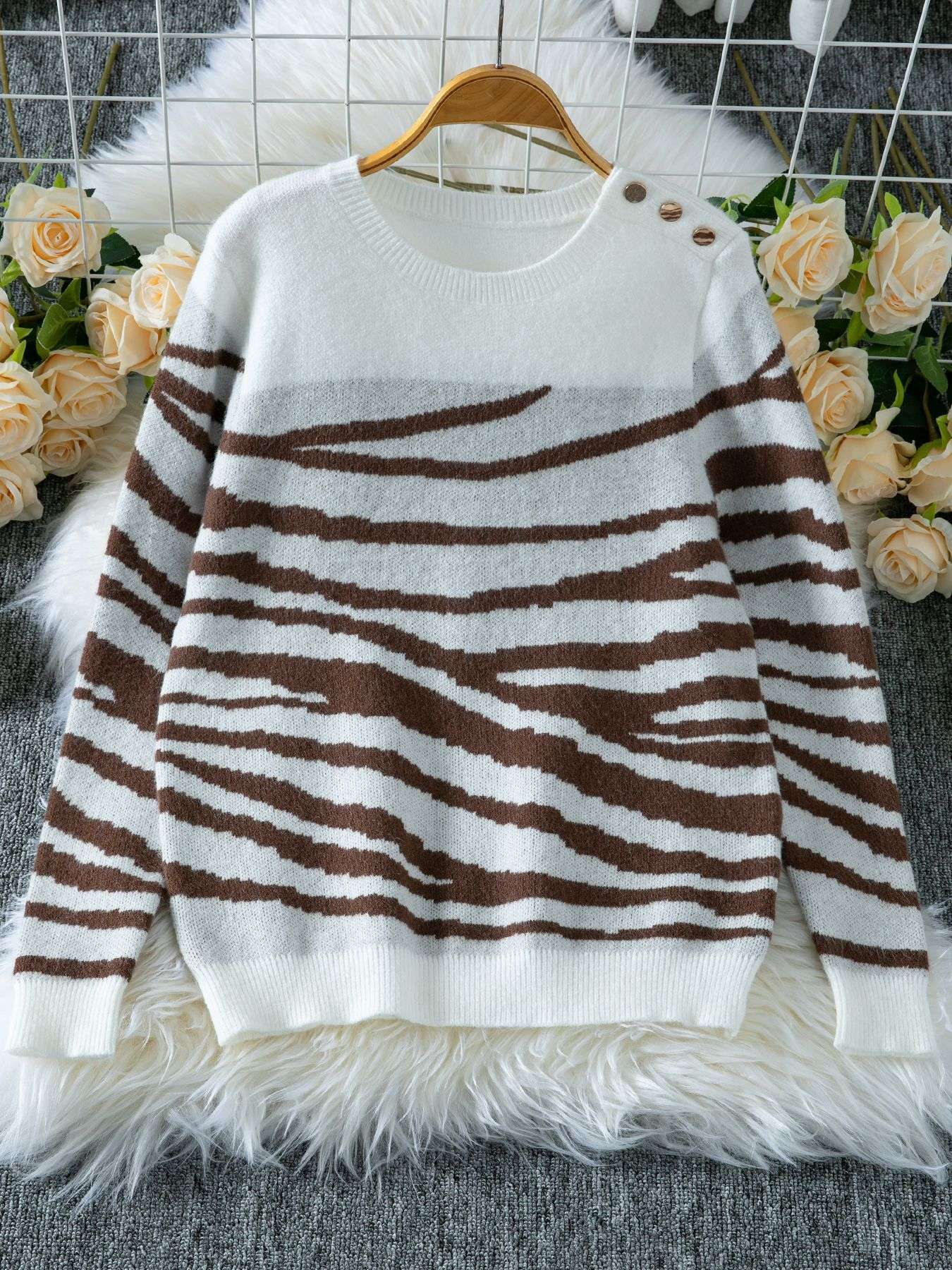 Striped Knit Sweater with Shoulder Buttons image 3
