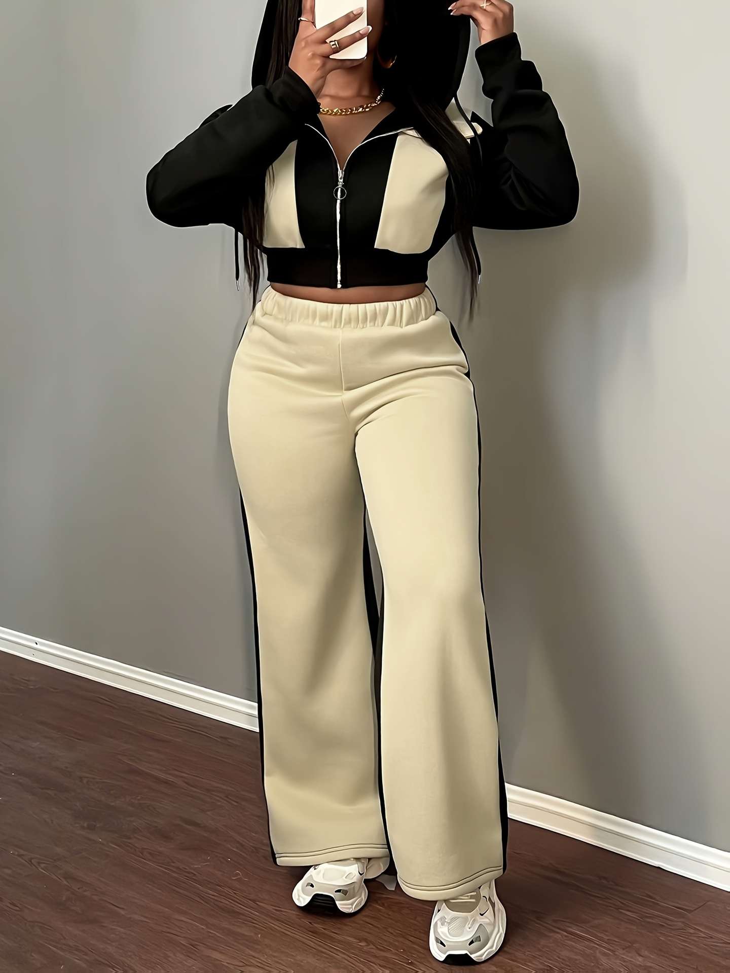 Colorblock Cropped Hoodie and Wide-Leg Pants Set - L, Beige image