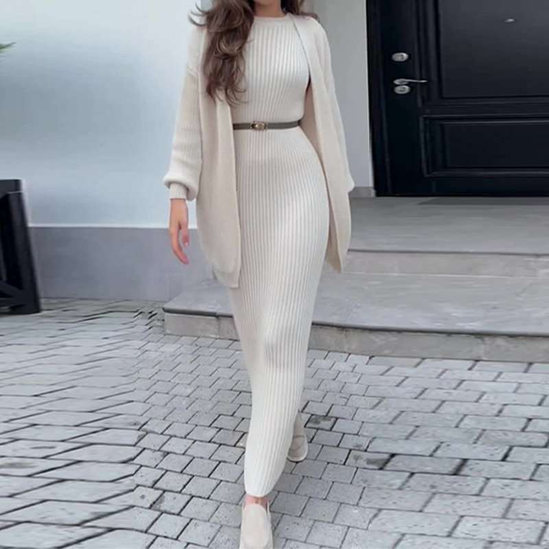 Bodycon Midi Dress With  Cardigan - L, Off White image