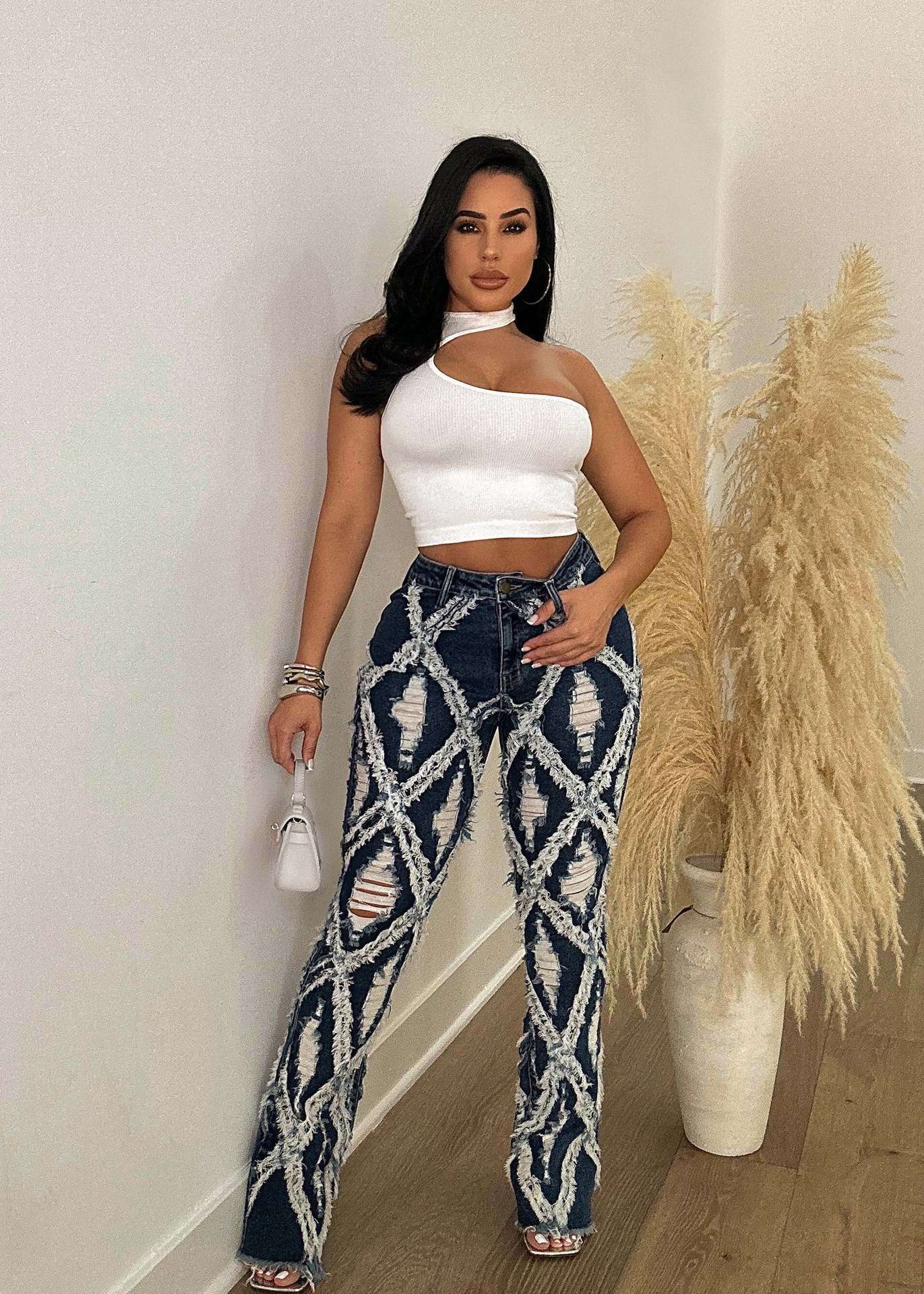 High Waist Ripped Distressed Denim Pant - L, Denim Blue image