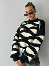 Wave Striped Knitted Sweater - M, Multi Black image