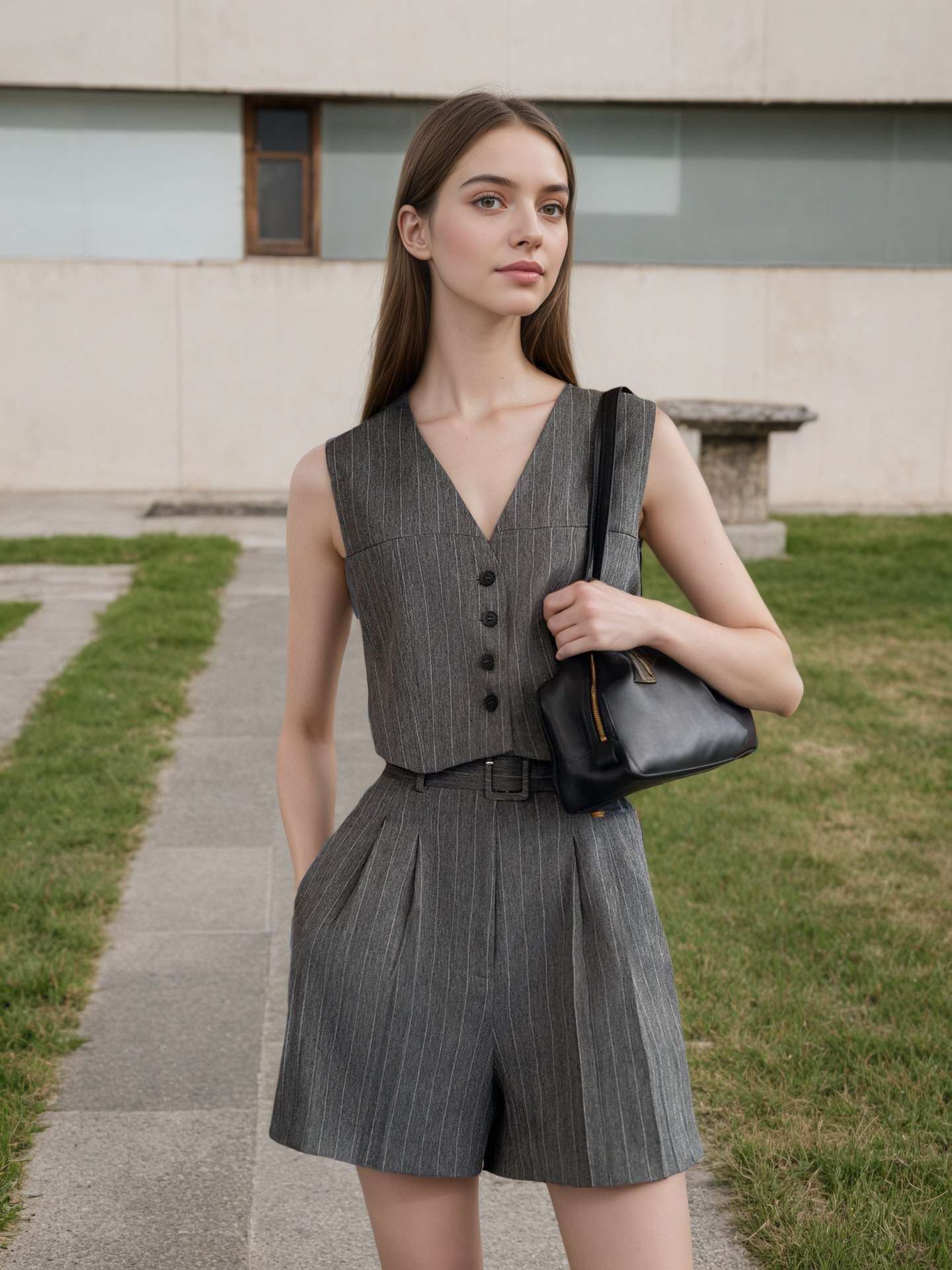 Stylish Pinstripe Sleeveless Blouse &amp; Shorts Set image 3