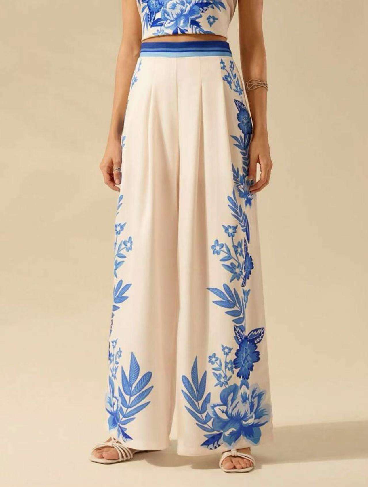 Tropical Print High-Waisted Wide-Leg Pants - L, Blue image