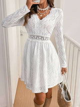 Elegant Solid Lace Patchwork Long Sleeve Mini Dress image 1