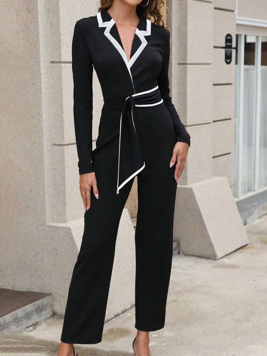 Elegant Colorblock Lapel Bandage Jumpsuits - M, Black image