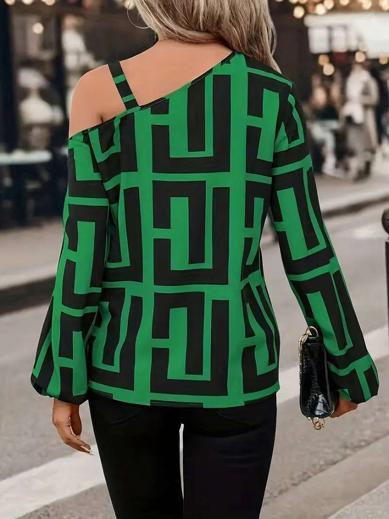 Off Shoulder Geometric Print Lon sleeve Top image 6