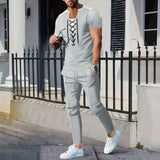Stylish Men's Casual Laced Front T-Shirt & Pants Set - M, Grey image