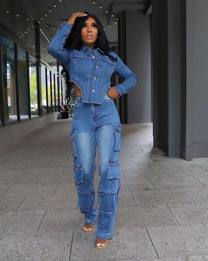 Casual Denim Irregular Two Piece Pants Set - S, Denim Blue image