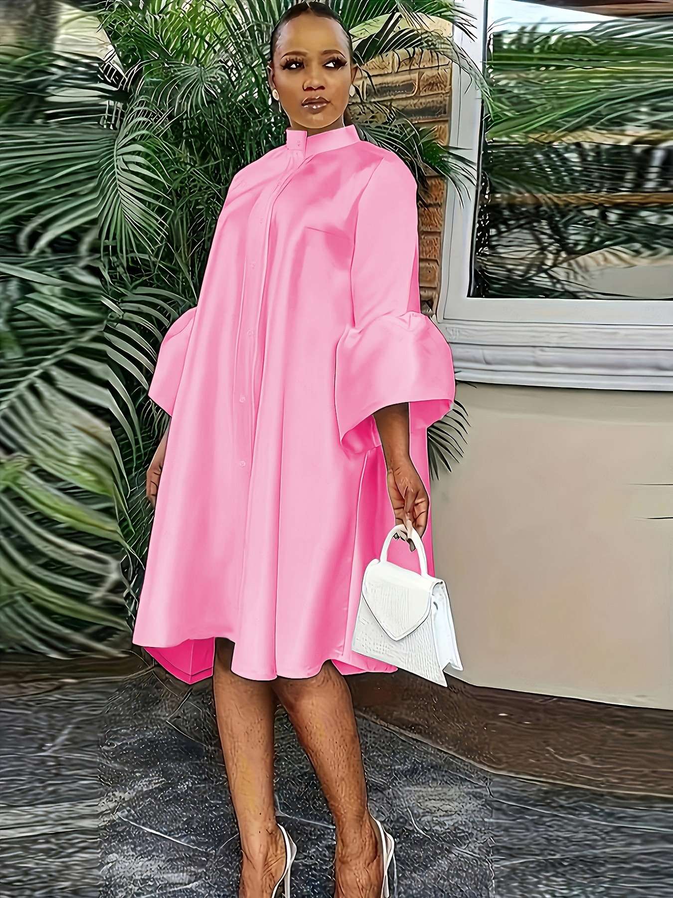 Flared Sleeve Solid Midi Dress image 3