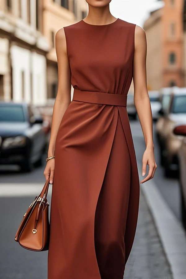 Wrap-Style Midi Dress - S, Brown image