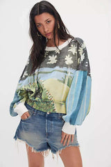 Artistic Print Sweatshirt with Balloon Sleeve Detail - M, Blue image