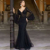 Floral Lace Flare Sleeve Party Maxi Dres - S, Black image