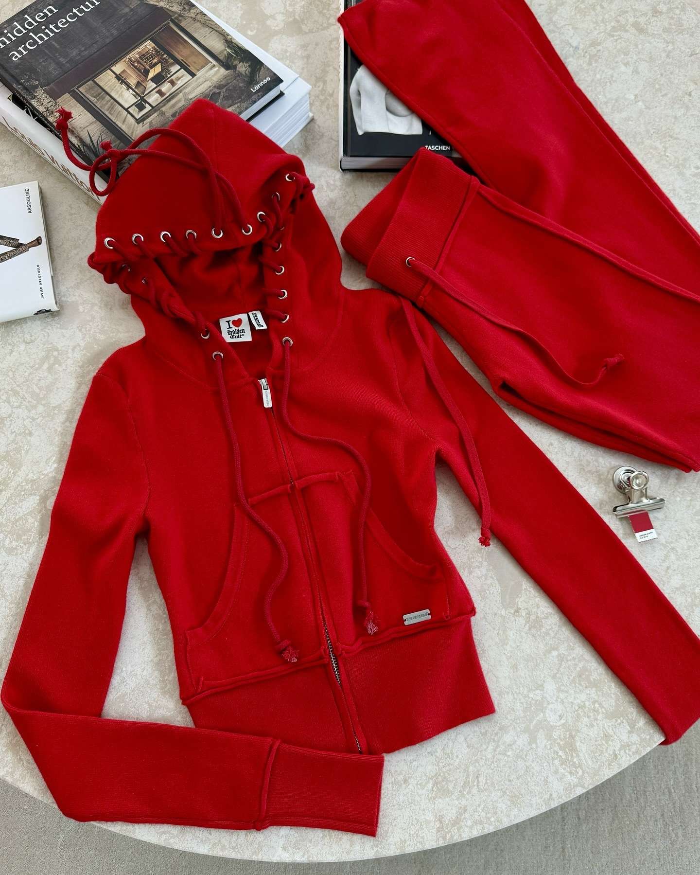 Contrast Patchwork Zipper Top Drawstring Pants Set - M, Red image