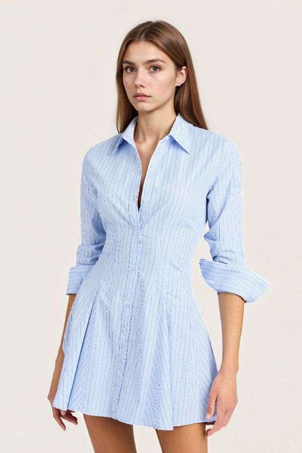 Pinstripe Shirt Dress with Pleated Skirt image 0