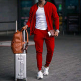 Casual Solid Baseball Collar Tracksuit - XL, Red image