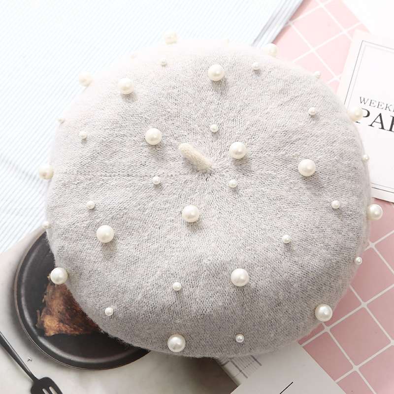 Embellishment Beaded Studs Crochet Cashmere Beret Cap - Free Size, Light Grey image