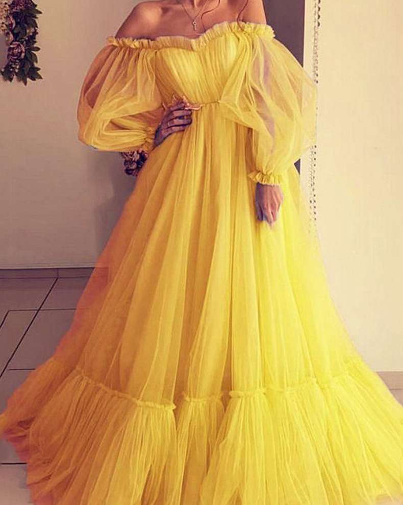 Puffy Sleeve Prom Dress Long Evening Gowns - L, Yellow image