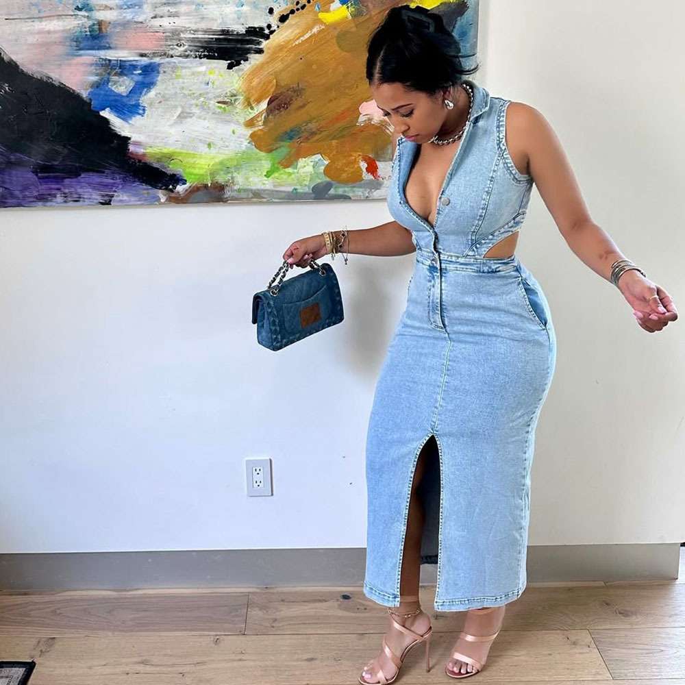Stylish Cutout Denim Dress with Front Slit image 2