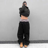 Baggy Sweatpant Casual High Double Waist Printed Boxer Sweatpants - M, Black image