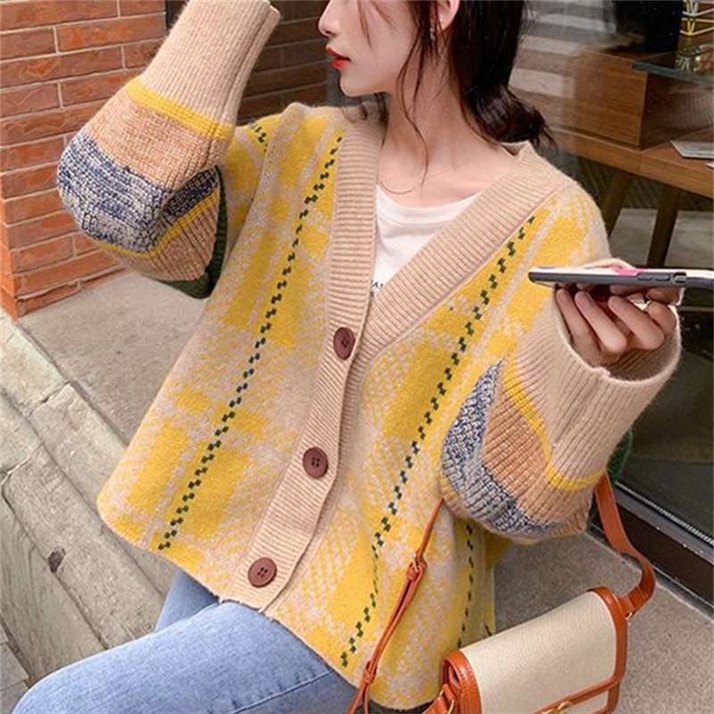 Plaid Pattern Oversized Cardigan - Free Size, Yellow image