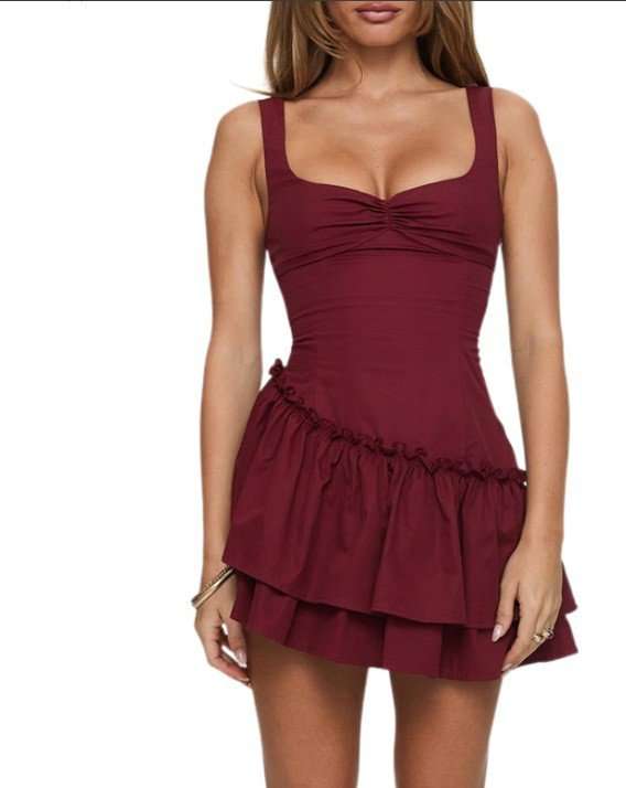 Sleeveless Ruffle Tiered Mini Dress - M, Red image