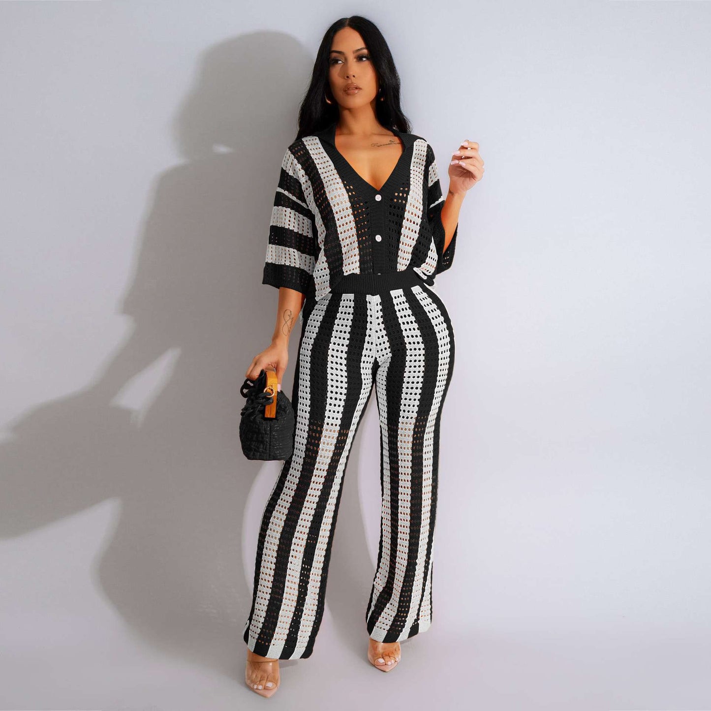Monochrome Stripes Crochet Top and Pants Set - L, Black image