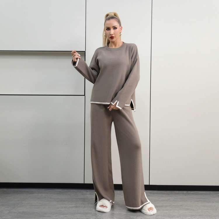 Casaul Sweater Sets Pullover Tops Wide Leg Pants - L, Abbey Stone Beige image