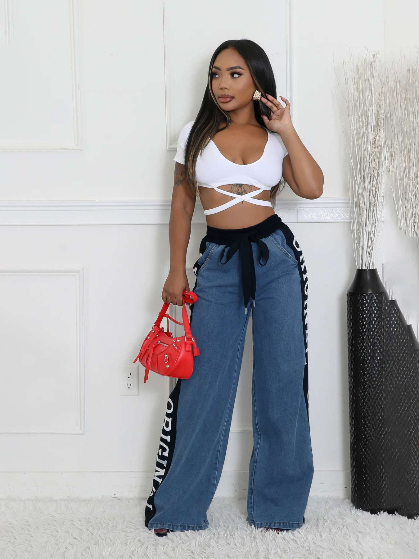 Casual Patchwork Strap Design Straight Pants image 1