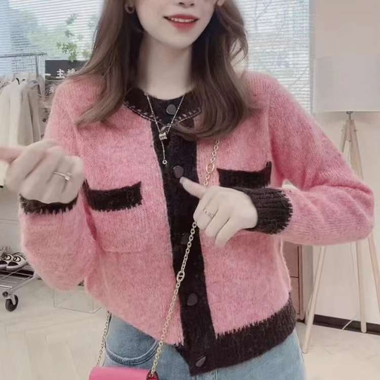 Cozy Colorblock Knit Cardigan - Free Size, Pink image
