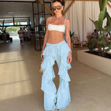 Chic Ruffled Palazzo Pants - L, Blue image